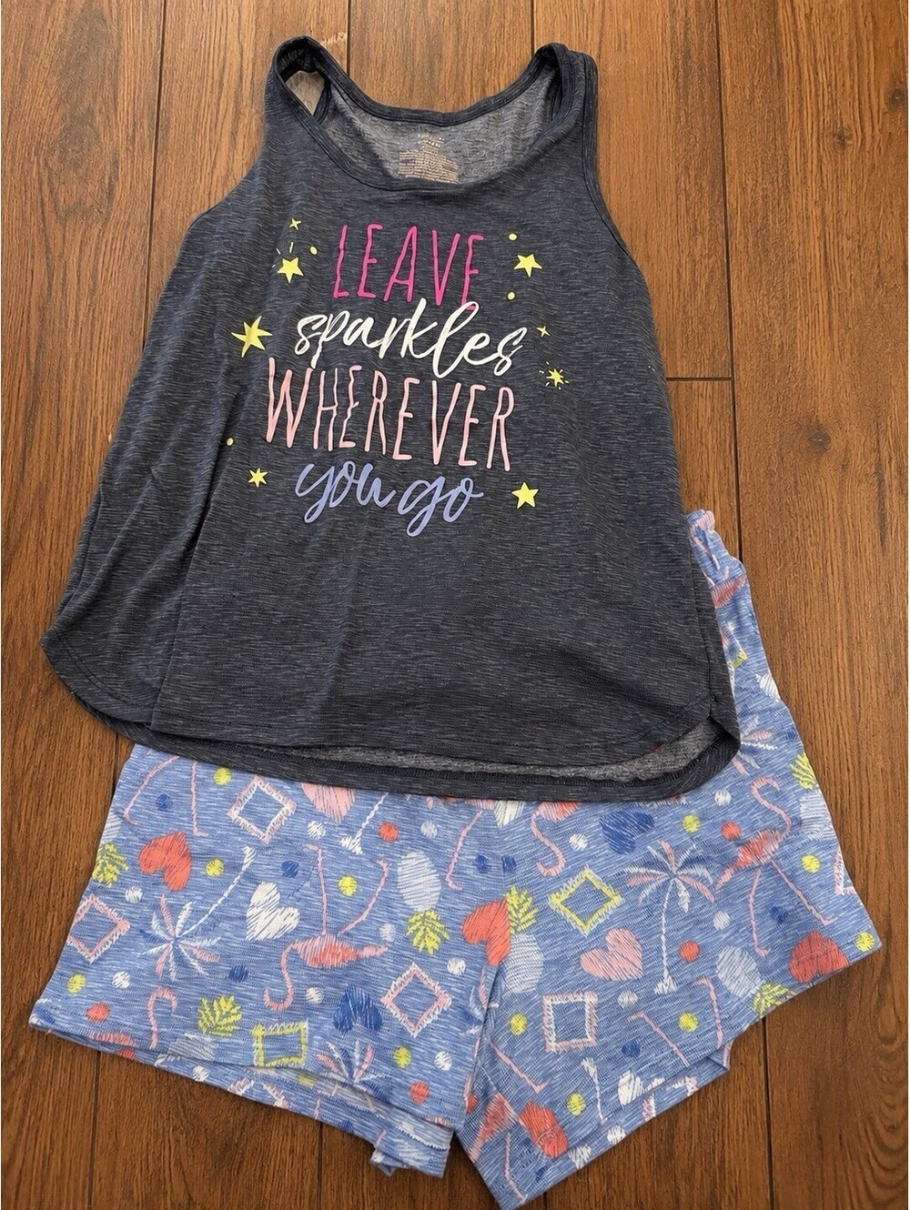 Woman’s S 2pc Pajama Set Gray Sleeveless Tank + Blue Shorts Stars Graphic